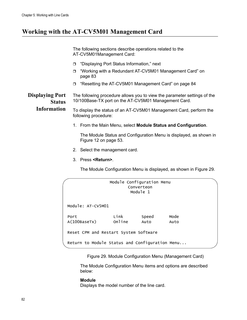 Working with the at-cv5m01 management card, Displaying port status information | Allied Telesis AT-S70 User Manual | Page 82 / 302