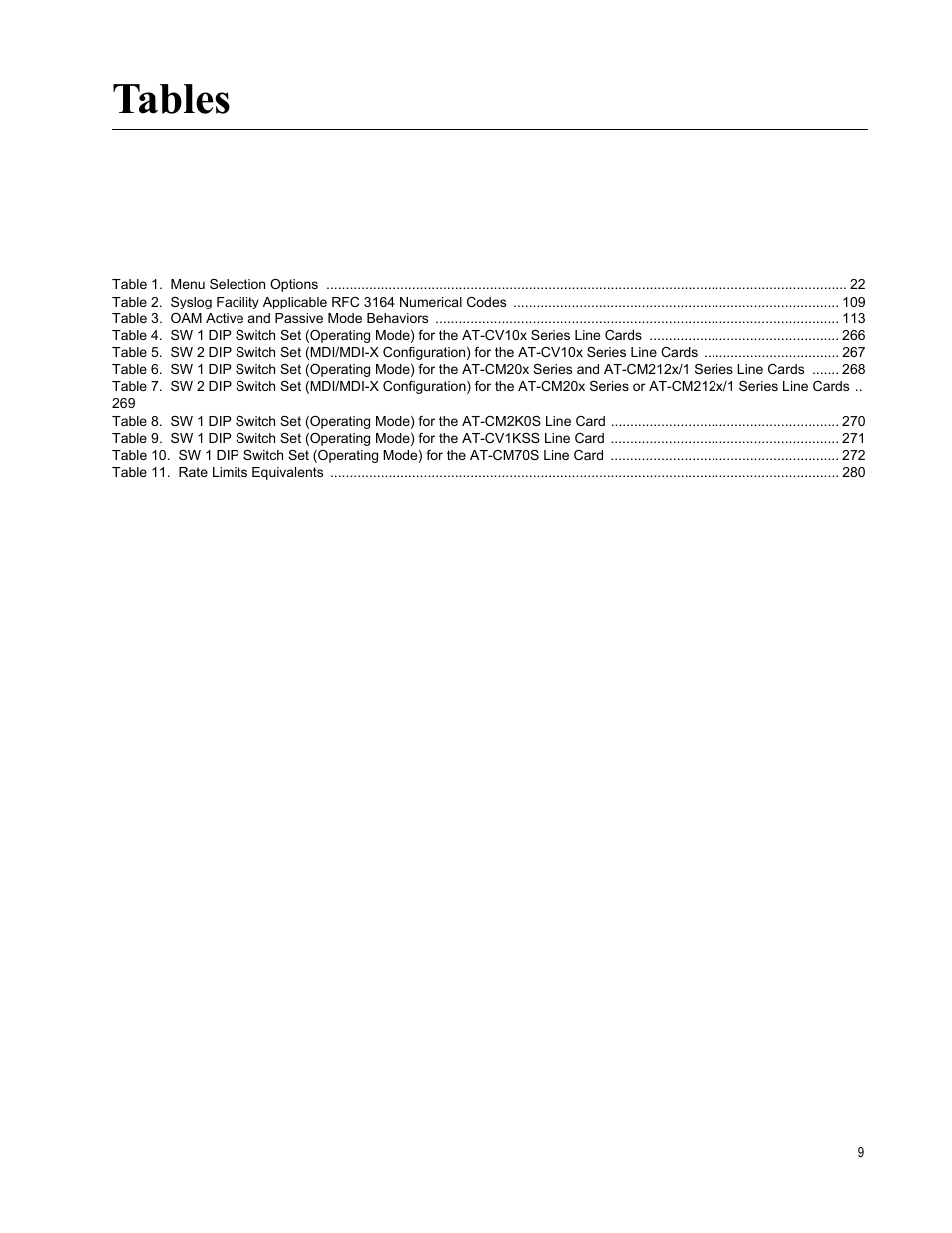 Tables | Allied Telesis AT-S70 User Manual | Page 9 / 302