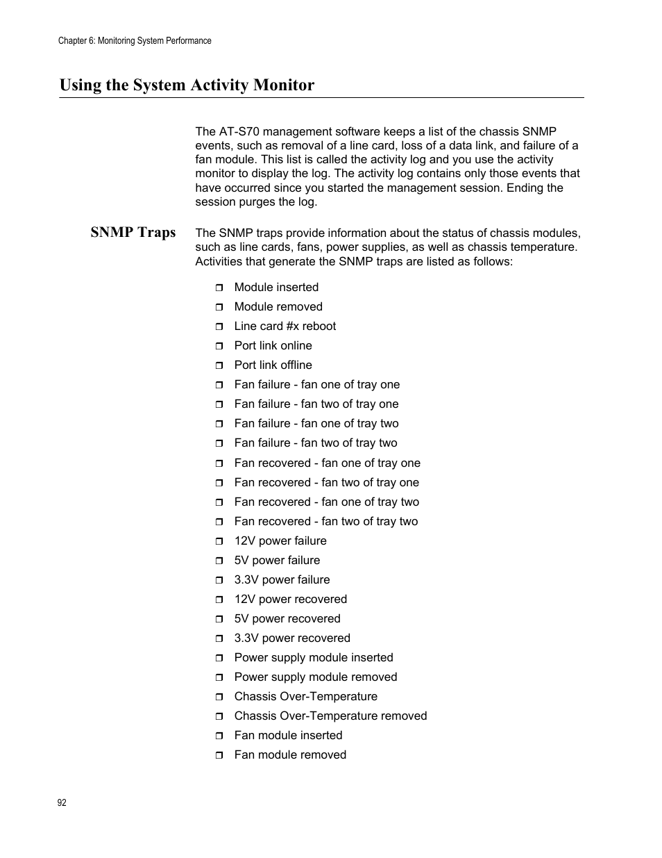 Using the system activity monitor, Snmp traps | Allied Telesis AT-S70 User Manual | Page 92 / 302