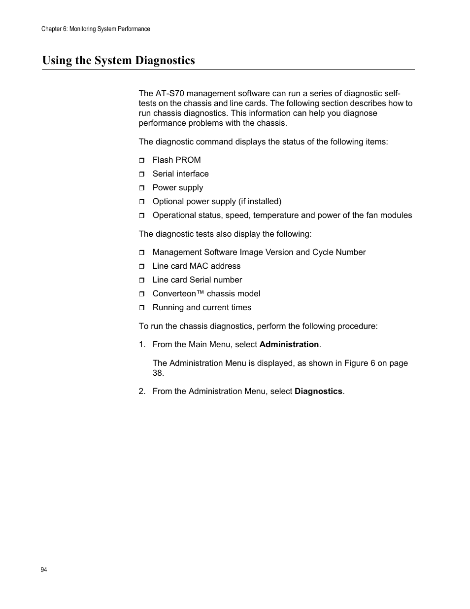 Using the system diagnostics | Allied Telesis AT-S70 User Manual | Page 94 / 302