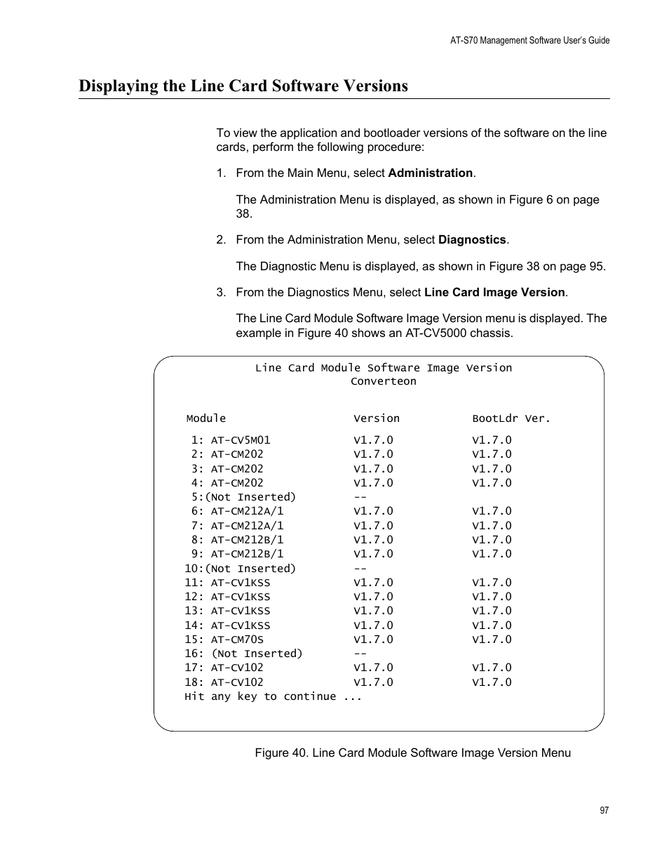 Displaying the line card software versions | Allied Telesis AT-S70 User Manual | Page 97 / 302