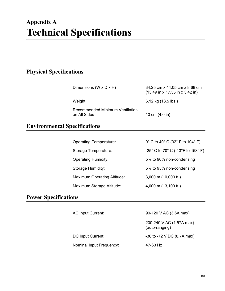 Appendix a, Technical specifications, Physical specifications | Environmental specifications, Power specifications, Appendix a: technical specifications | Allied Telesis AT-CV5000 User Manual | Page 101 / 114
