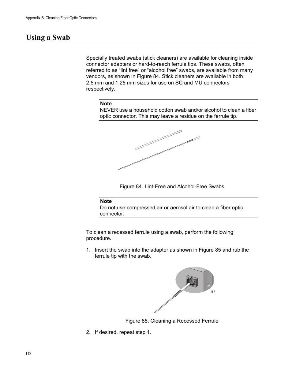 Using a swab, Figure 84. lint-free and alcohol-free swabs, Cleaning a recessed ferrule | Allied Telesis AT-CV5000 User Manual | Page 112 / 114