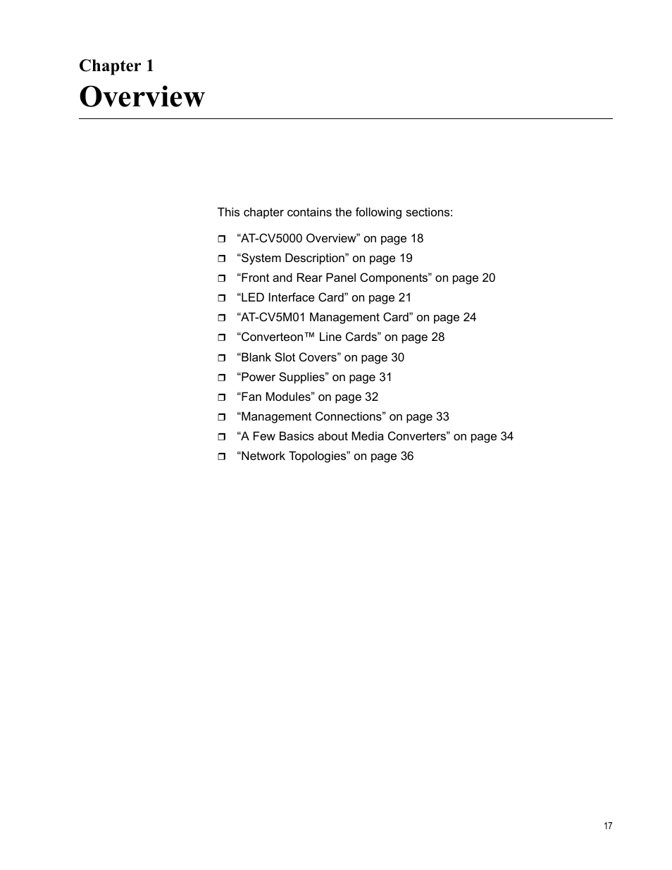 Chapter 1, Overview | Allied Telesis AT-CV5000 User Manual | Page 17 / 114