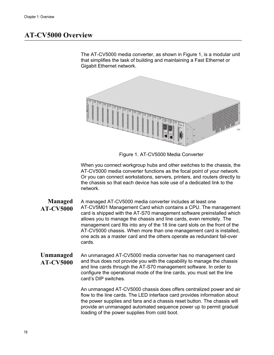 At-cv5000 overview, Managed at-cv5000, Unmanaged at-cv5000 | Managed at-cv5000 unmanaged at-cv5000, Figure 1. at-cv5000 media converter | Allied Telesis AT-CV5000 User Manual | Page 18 / 114
