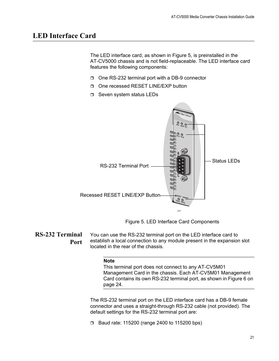 Led interface card, Rs-232 terminal port, Figure 5. led interface card components | One rs-232 terminal port with a db-9 connector, One recessed reset line/exp button | Allied Telesis AT-CV5000 User Manual | Page 21 / 114