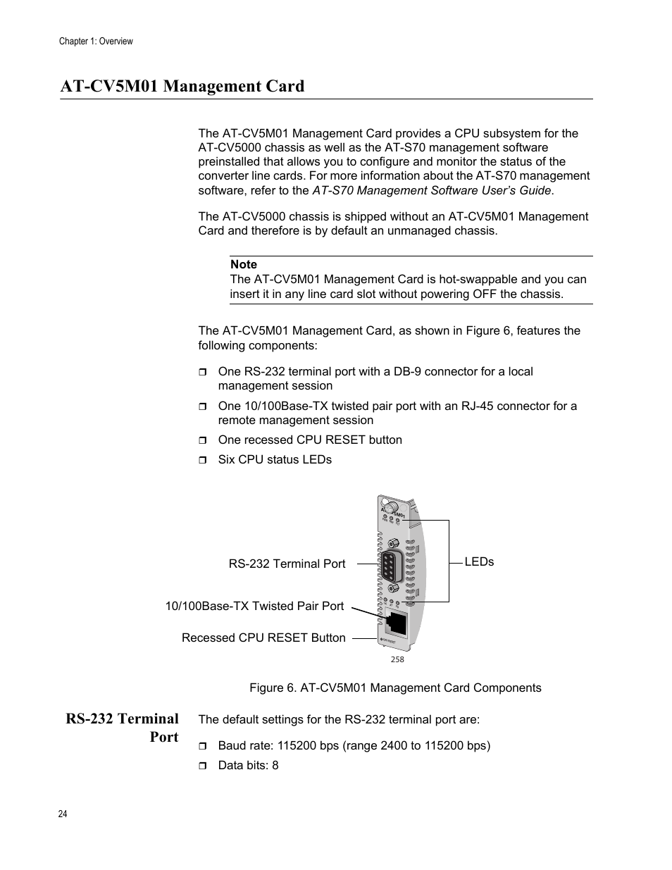 At-cv5m01 management card, Rs-232 terminal port, Figure 6. at-cv5m01 management card components | Allied Telesis AT-CV5000 User Manual | Page 24 / 114