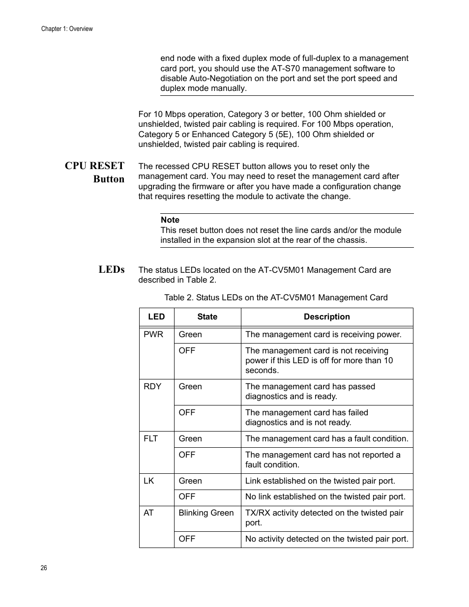 Cpu reset button, Leds, Cpu reset button leds | Allied Telesis AT-CV5000 User Manual | Page 26 / 114