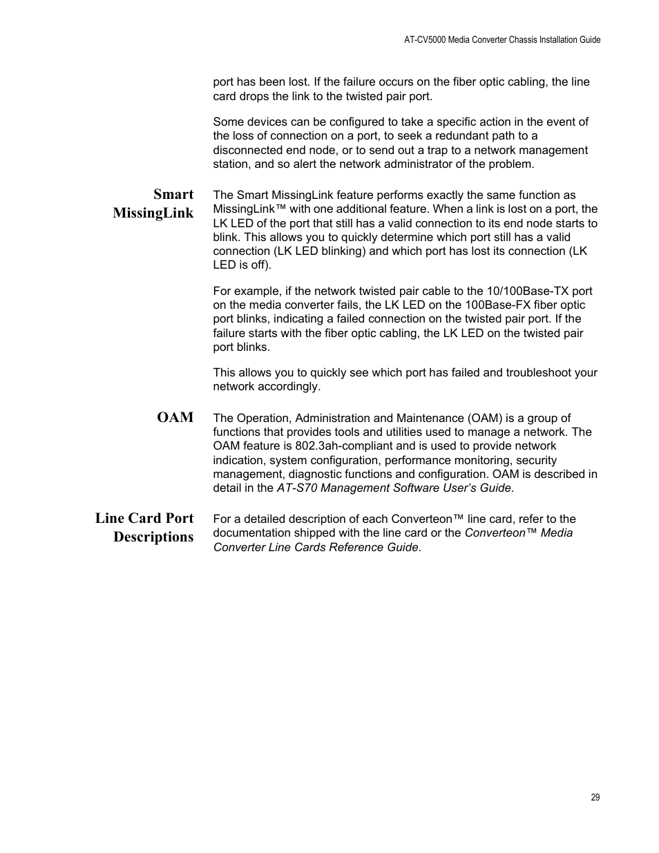 Smart missinglink, Line card port descriptions, Smart missinglink oam line card port descriptions | Allied Telesis AT-CV5000 User Manual | Page 29 / 114