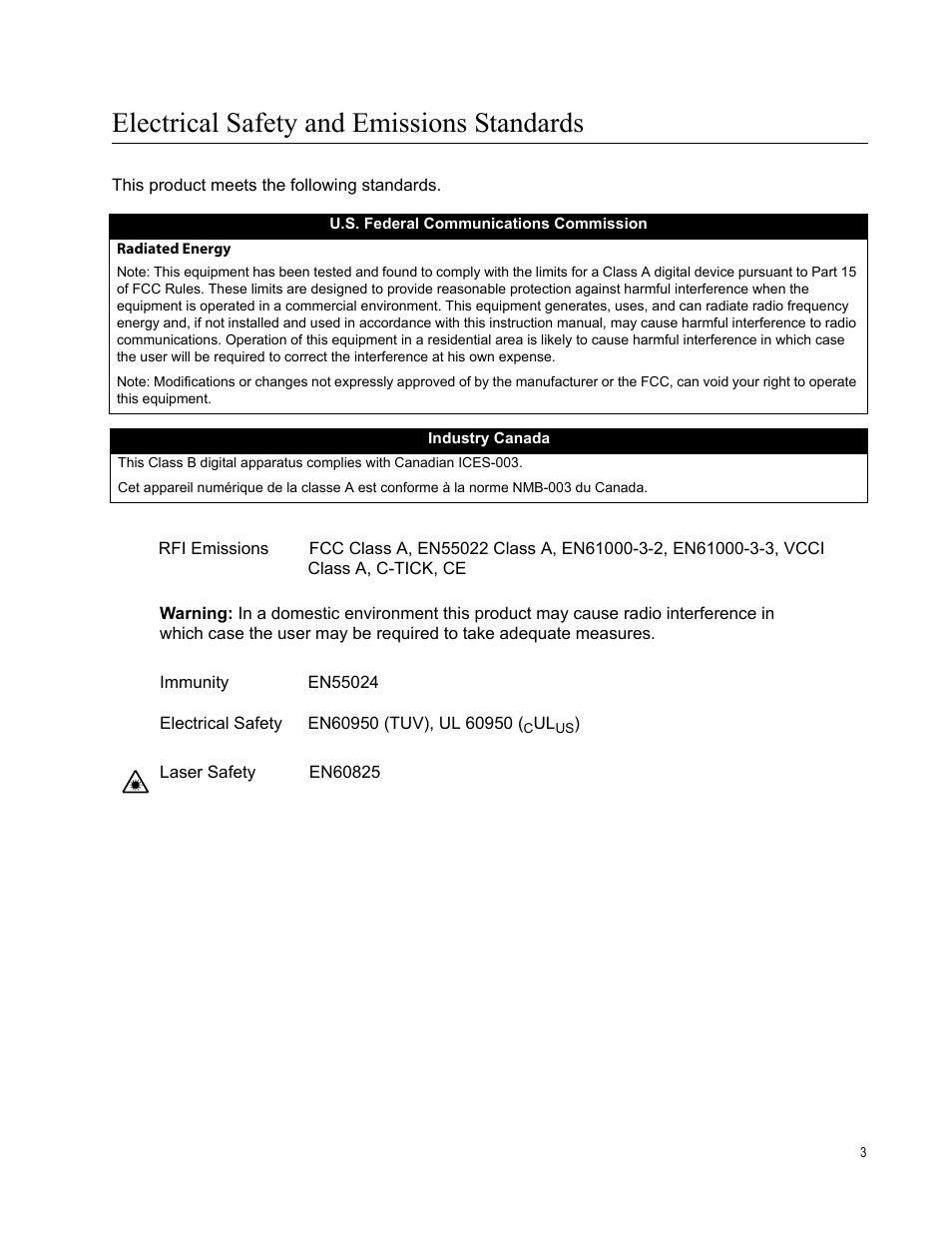 Electrical safety and emissions standards | Allied Telesis AT-CV5000 User Manual | Page 3 / 114