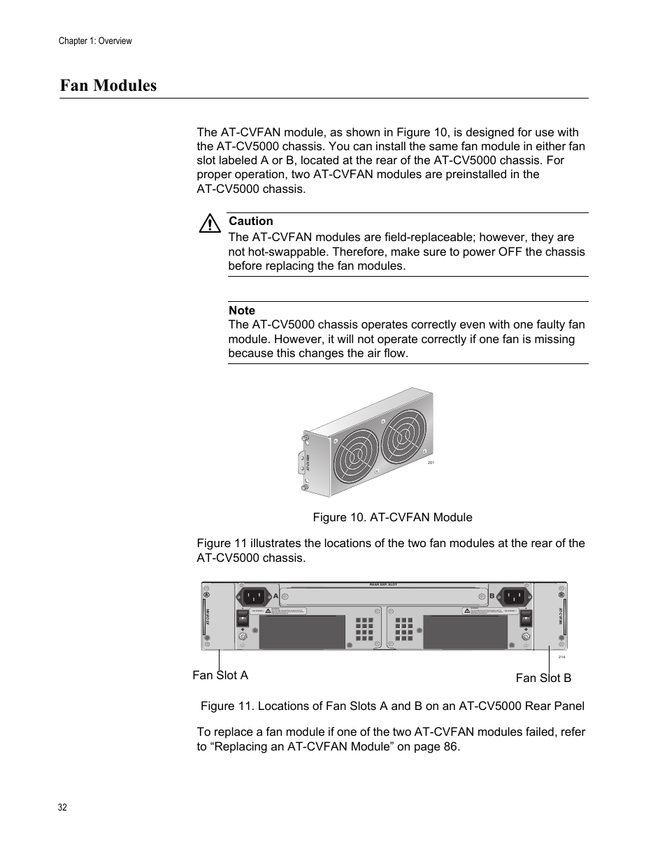 Fan modules, Fan slot a fan slot b, Chapter 1: overview 32 | Allied Telesis AT-CV5000 User Manual | Page 32 / 114