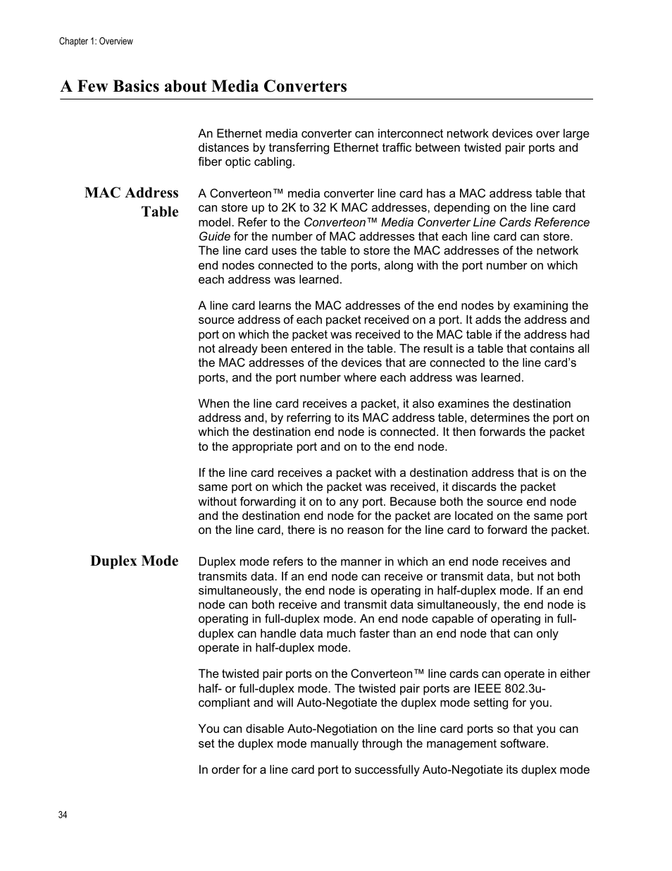 A few basics about media converters, Mac address table, Duplex mode | Mac address table duplex mode | Allied Telesis AT-CV5000 User Manual | Page 34 / 114