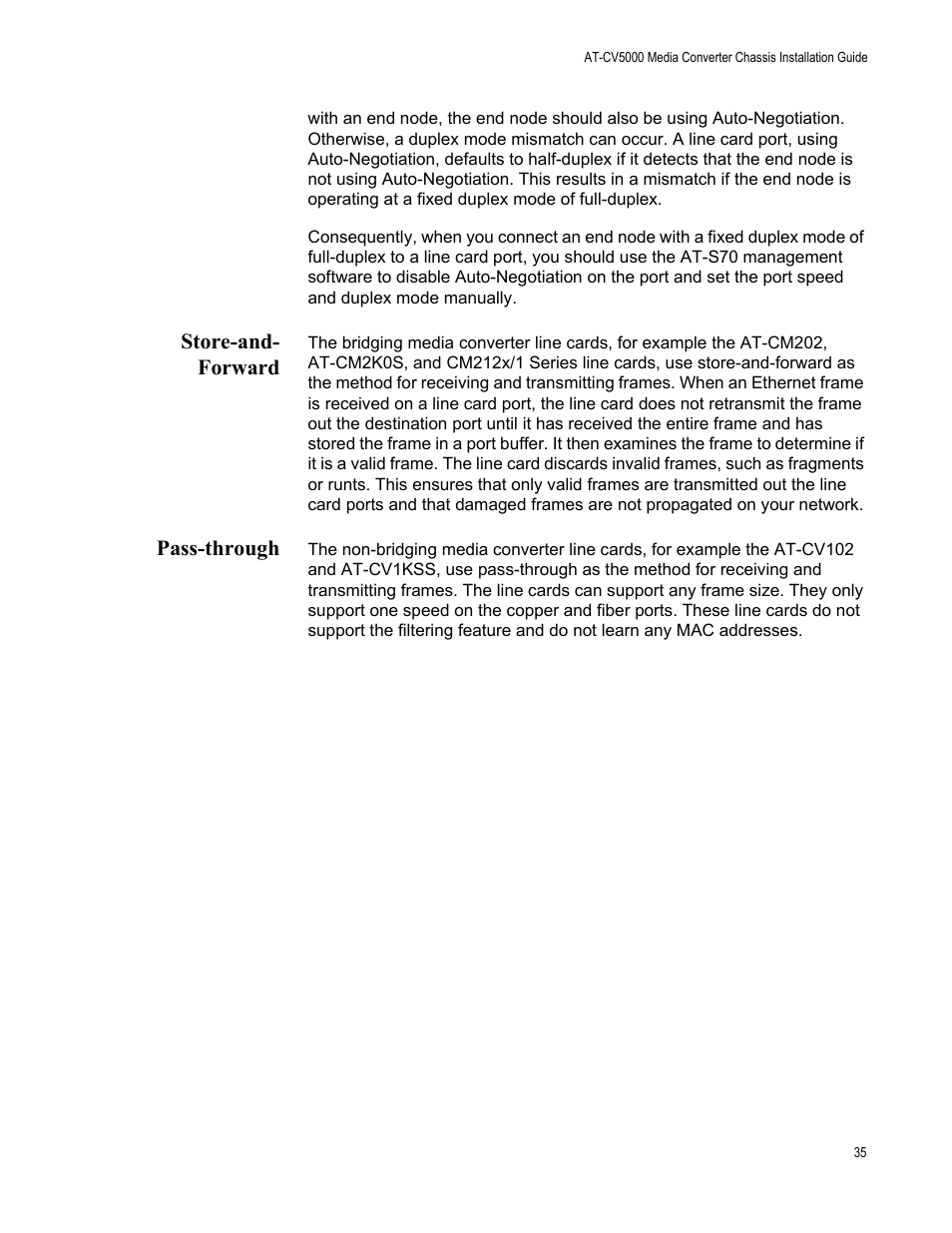 Store-and- forward, Pass-through, Store-and-forward pass-through | Allied Telesis AT-CV5000 User Manual | Page 35 / 114