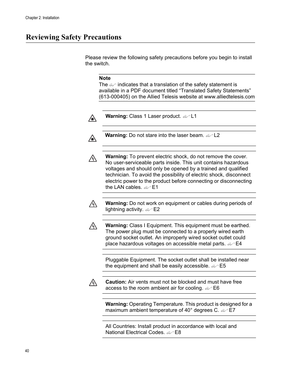 Reviewing safety precautions | Allied Telesis AT-CV5000 User Manual | Page 40 / 114