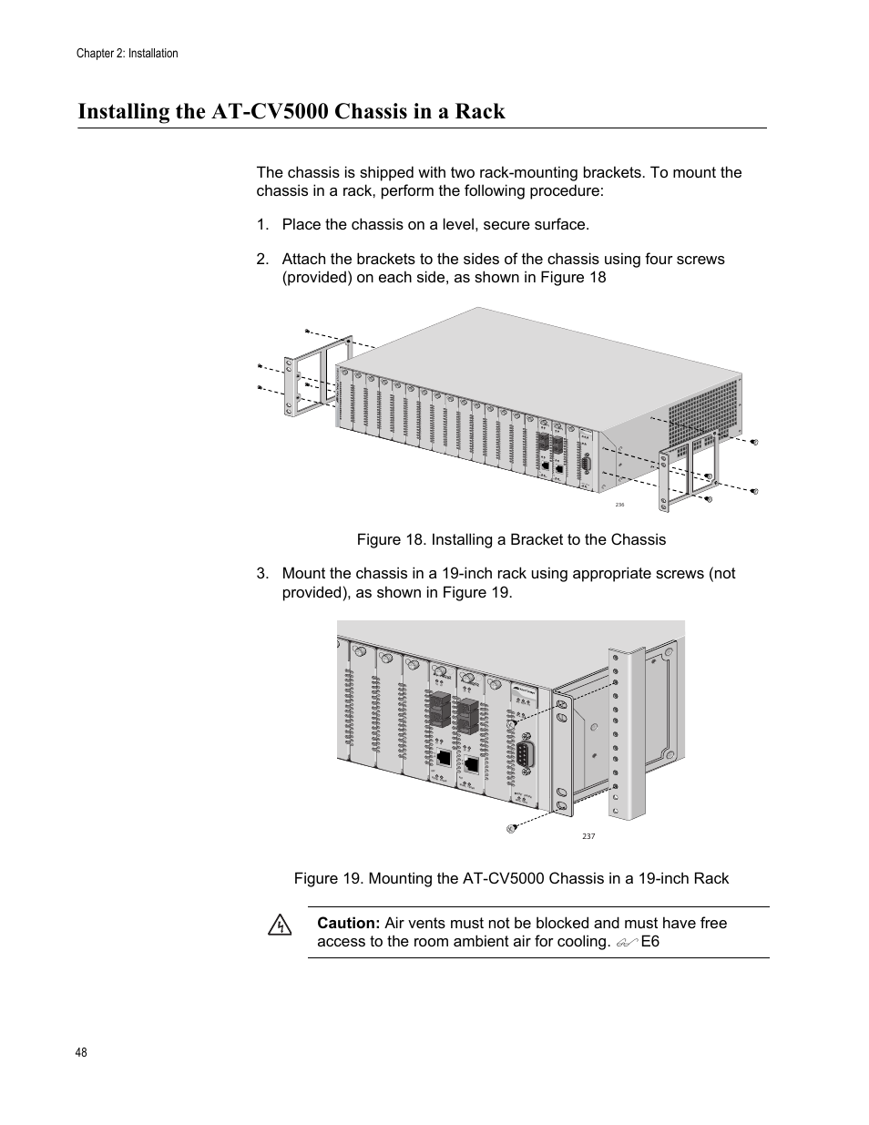 Installing the at-cv5000 chassis in a rack, Chapter 2: installation 48, Lk at t x ml/sml fd/oam rdy lk at | Allied Telesis AT-CV5000 User Manual | Page 48 / 114