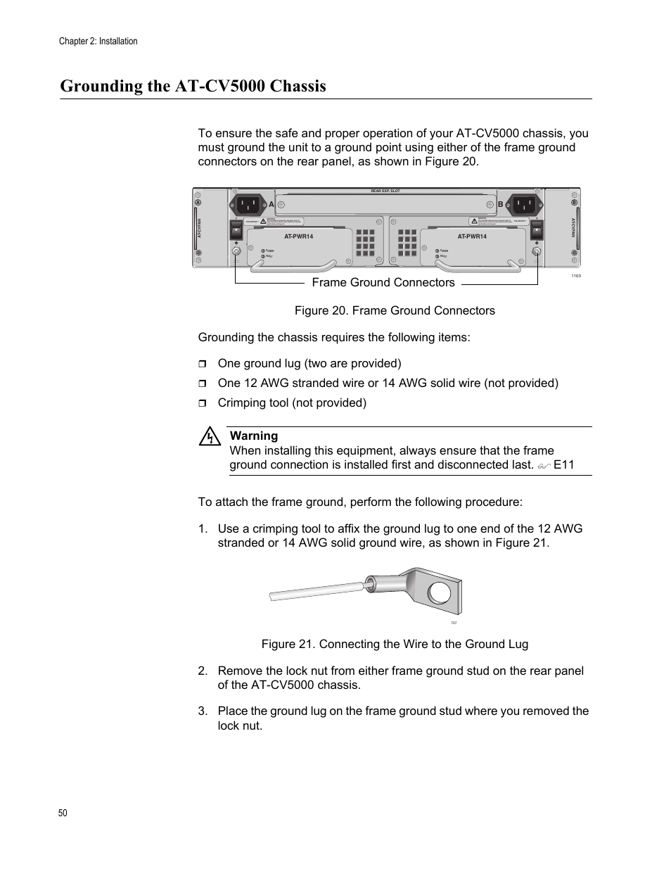 Grounding the at-cv5000 chassis, One ground lug (two are provided), Frame ground connectors | Chapter 2: installation 50 | Allied Telesis AT-CV5000 User Manual | Page 50 / 114