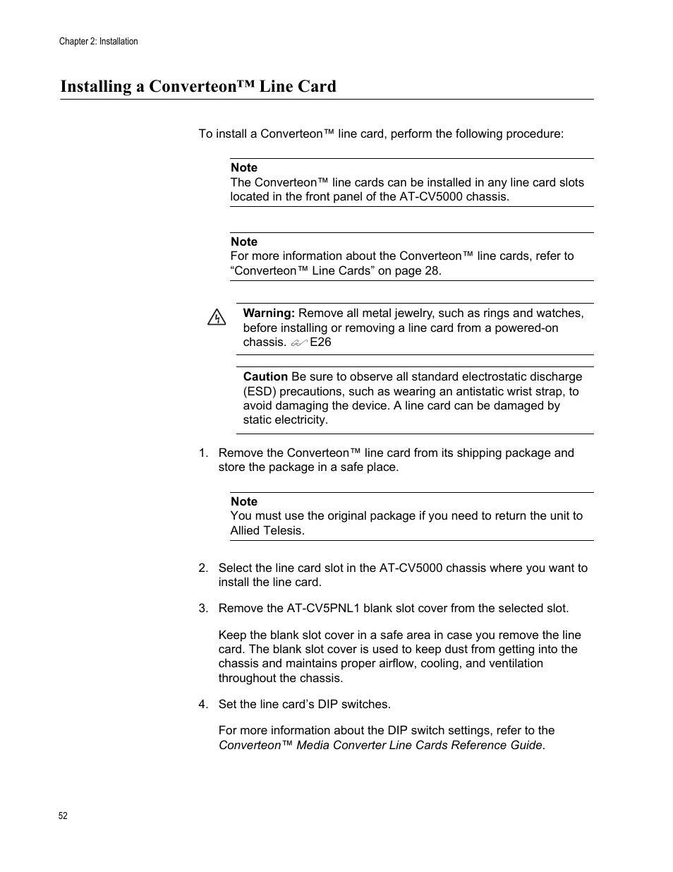 Installing a converteon™ line card | Allied Telesis AT-CV5000 User Manual | Page 52 / 114