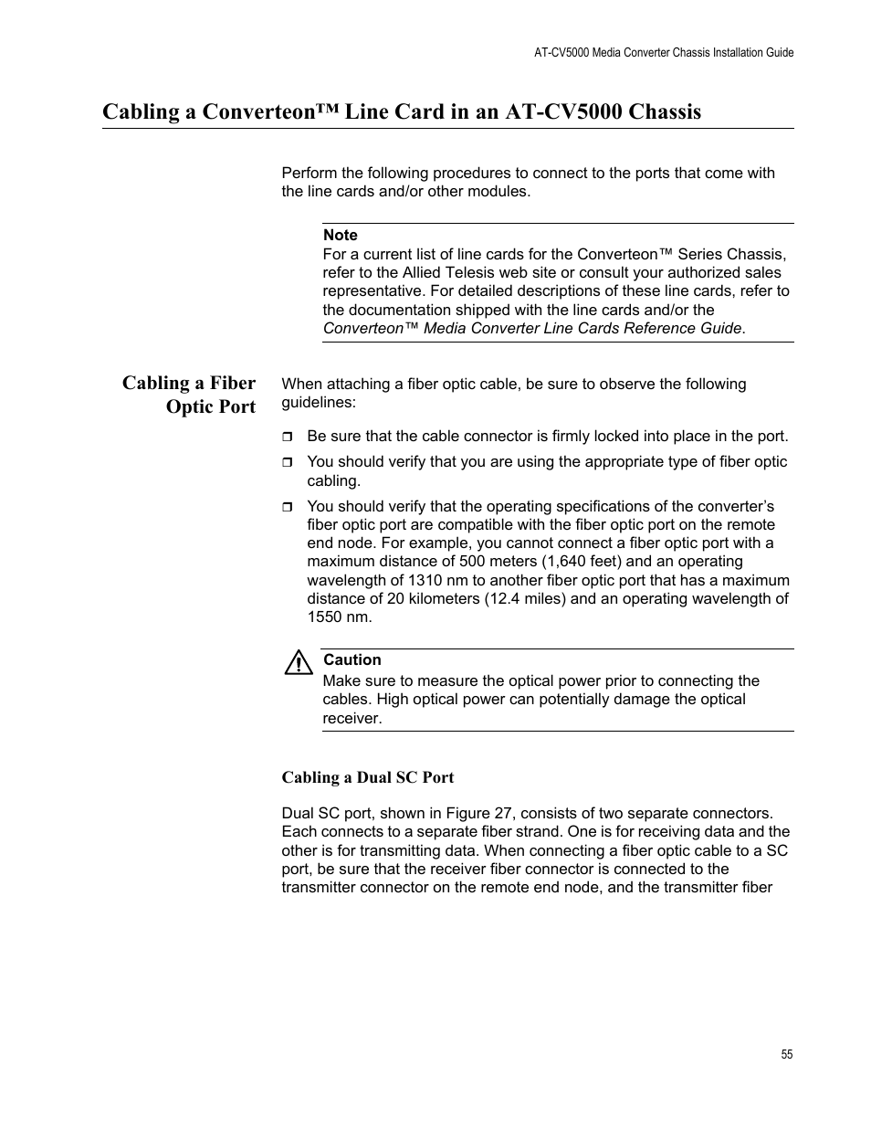 Cabling a fiber optic port, Cabling a dual sc port | Allied Telesis AT-CV5000 User Manual | Page 55 / 114