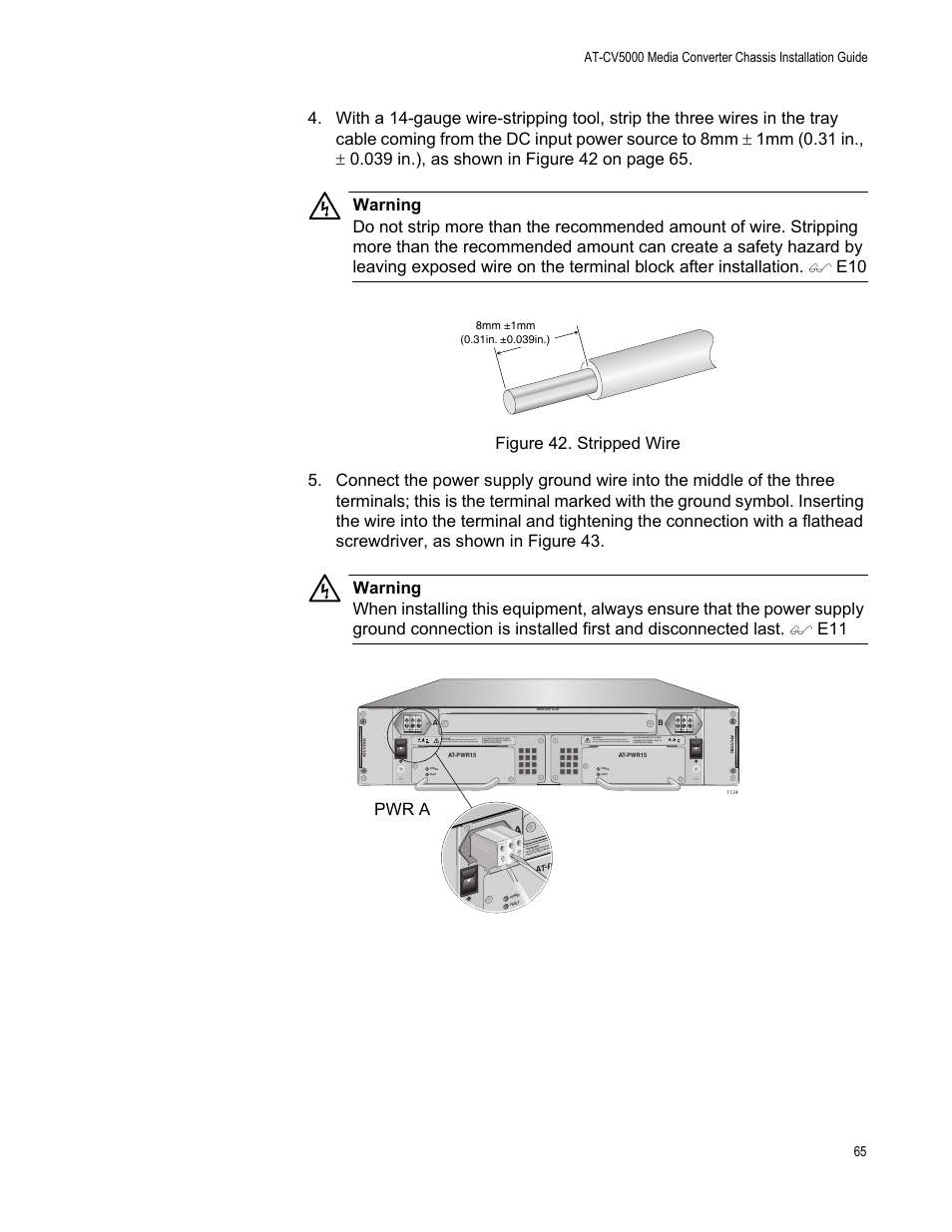 Figure 42. stripped wire, Pwr a, 60vdc warning | Allied Telesis AT-CV5000 User Manual | Page 65 / 114