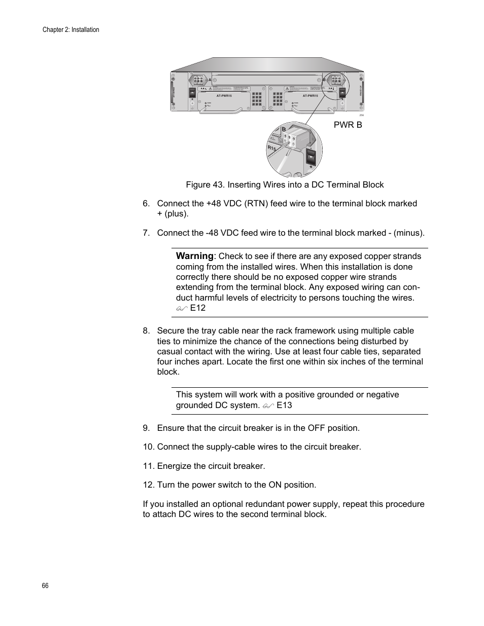 Warning, Pwr b, Chapter 2: installation 66 | 60vdc warning | Allied Telesis AT-CV5000 User Manual | Page 66 / 114