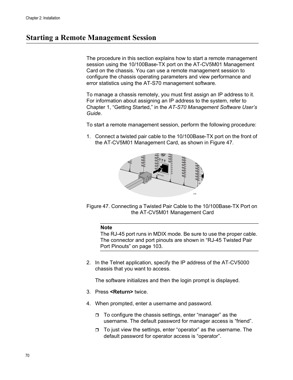 Starting a remote management session | Allied Telesis AT-CV5000 User Manual | Page 70 / 114