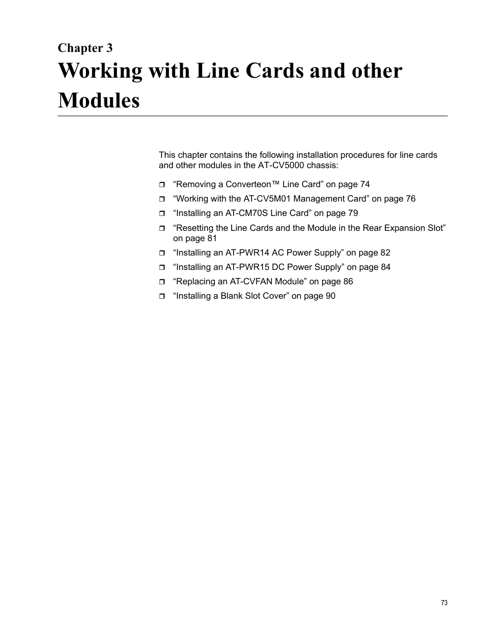 Chapter 3, Working with line cards and other modules | Allied Telesis AT-CV5000 User Manual | Page 73 / 114