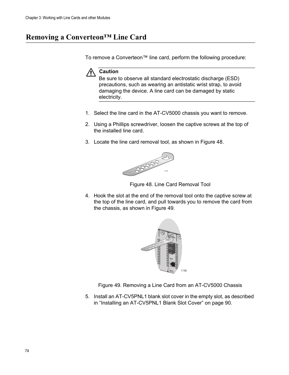 Removing a converteon™ line card | Allied Telesis AT-CV5000 User Manual | Page 74 / 114