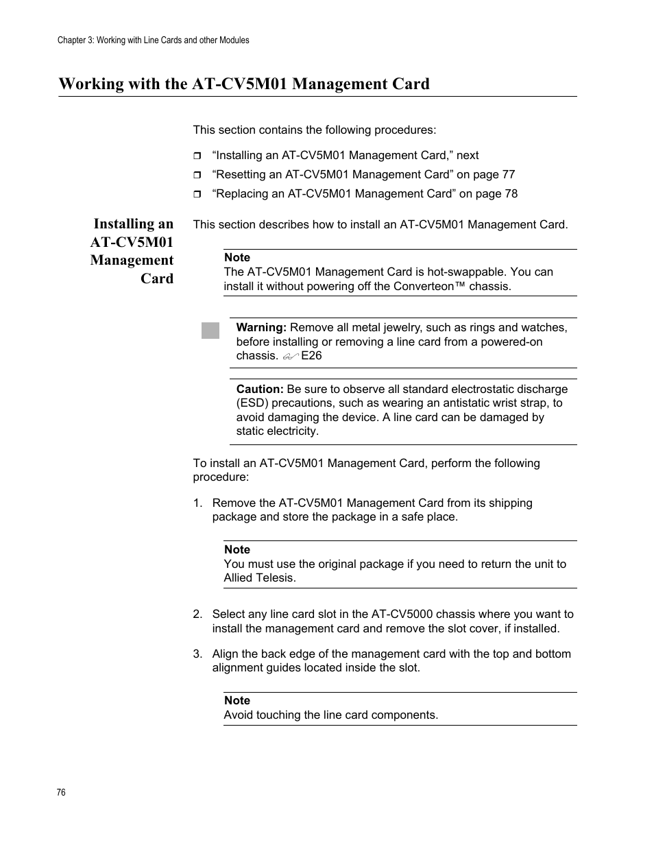 Working with the at-cv5m01 management card, Installing an at-cv5m01 management card | Allied Telesis AT-CV5000 User Manual | Page 76 / 114