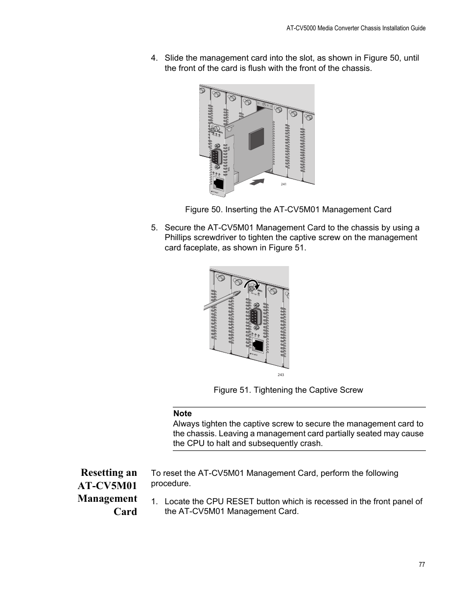 Resetting an at-cv5m01 management card, Inserting the at-cv5m01 management card, Figure 51. tightening the captive screw | Allied Telesis AT-CV5000 User Manual | Page 77 / 114