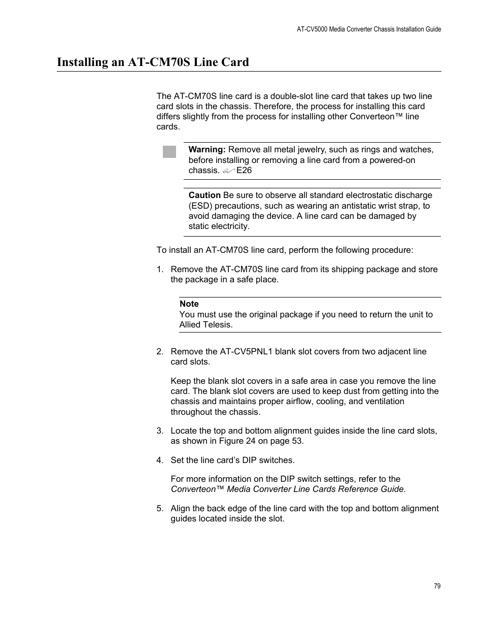 Installing an at-cm70s line card | Allied Telesis AT-CV5000 User Manual | Page 79 / 114