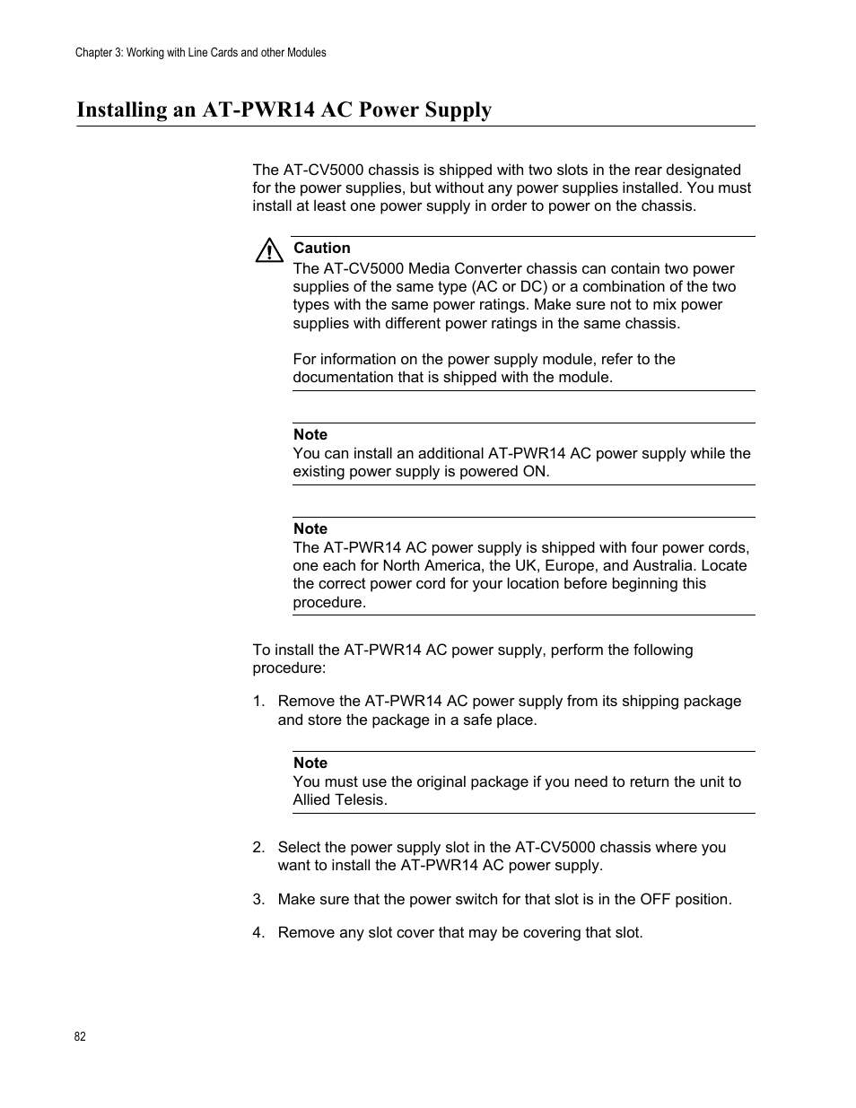 Installing an at-pwr14 ac power supply | Allied Telesis AT-CV5000 User Manual | Page 82 / 114
