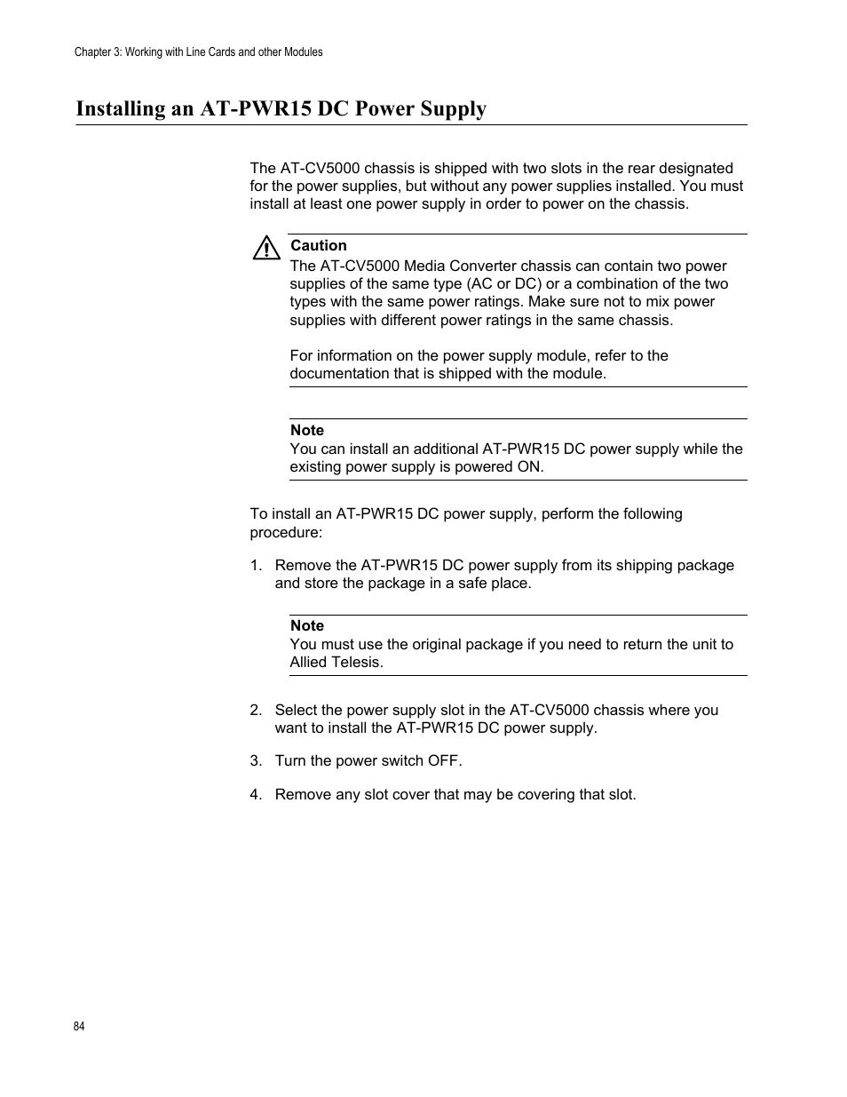 Installing an at-pwr15 dc power supply | Allied Telesis AT-CV5000 User Manual | Page 84 / 114