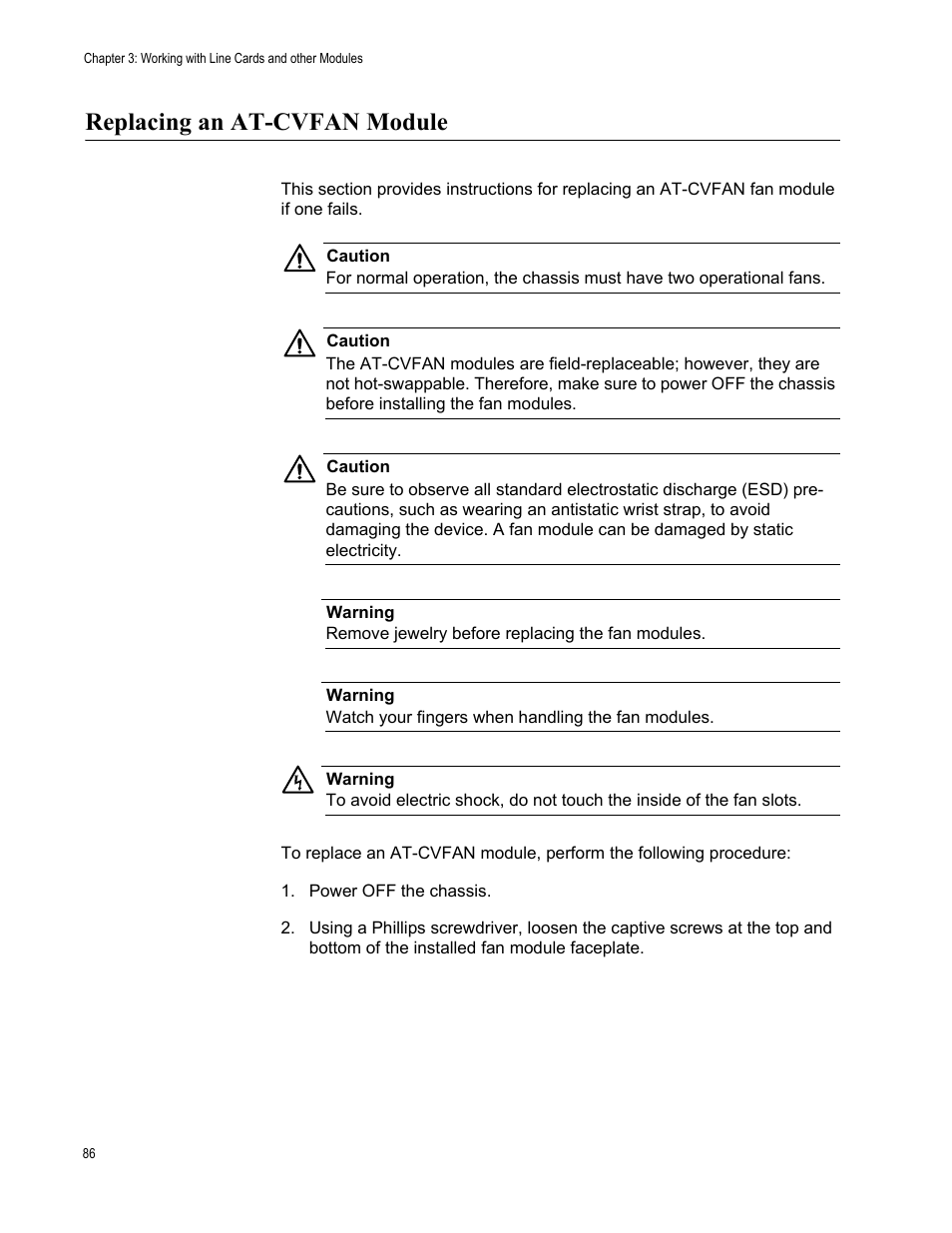 Replacing an at-cvfan module | Allied Telesis AT-CV5000 User Manual | Page 86 / 114