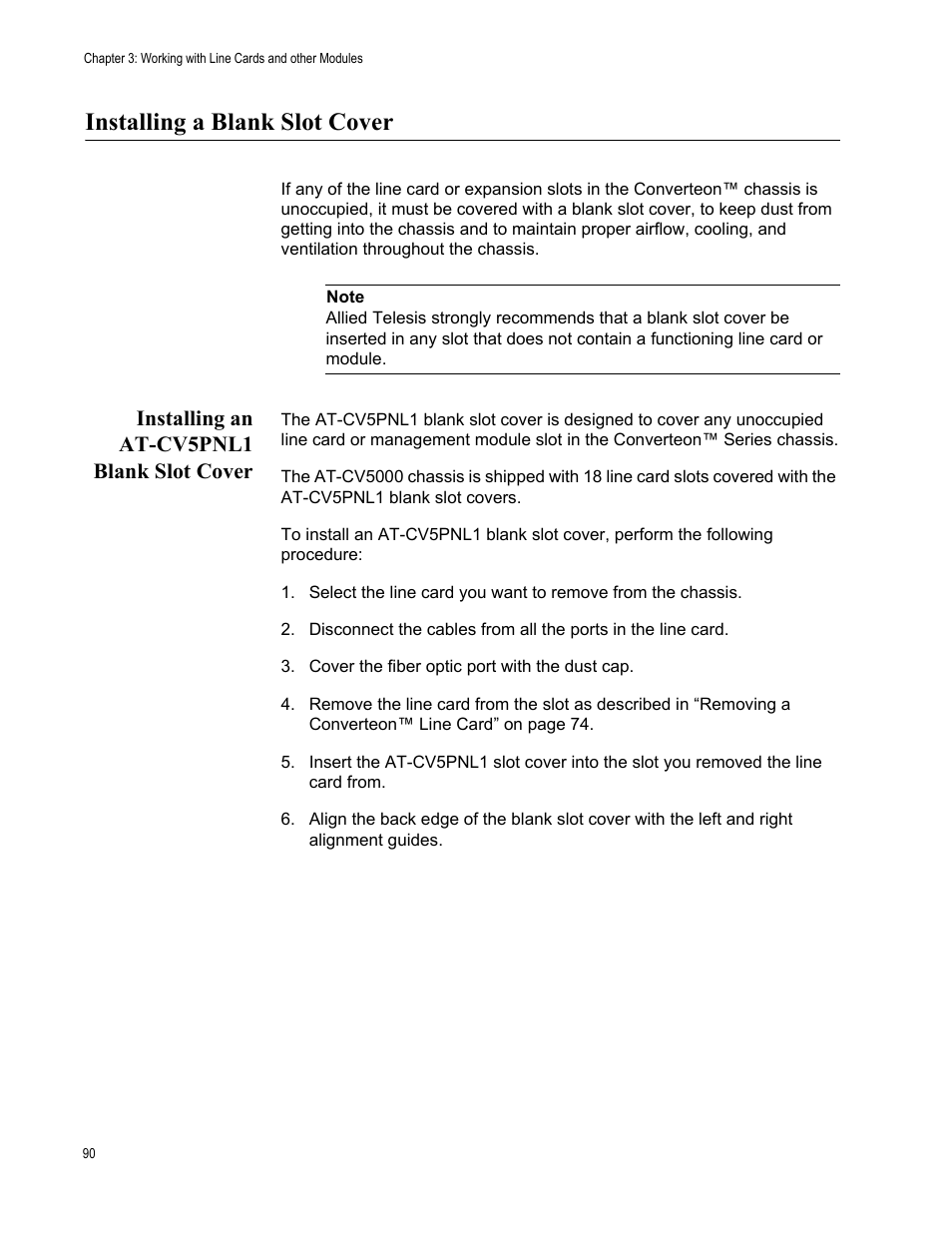 Installing a blank slot cover, Installing an at-cv5pnl1 blank slot cover | Allied Telesis AT-CV5000 User Manual | Page 90 / 114