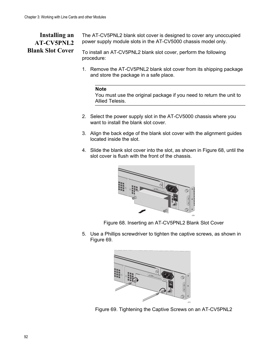 Installing an at-cv5pnl2 blank slot cover | Allied Telesis AT-CV5000 User Manual | Page 92 / 114