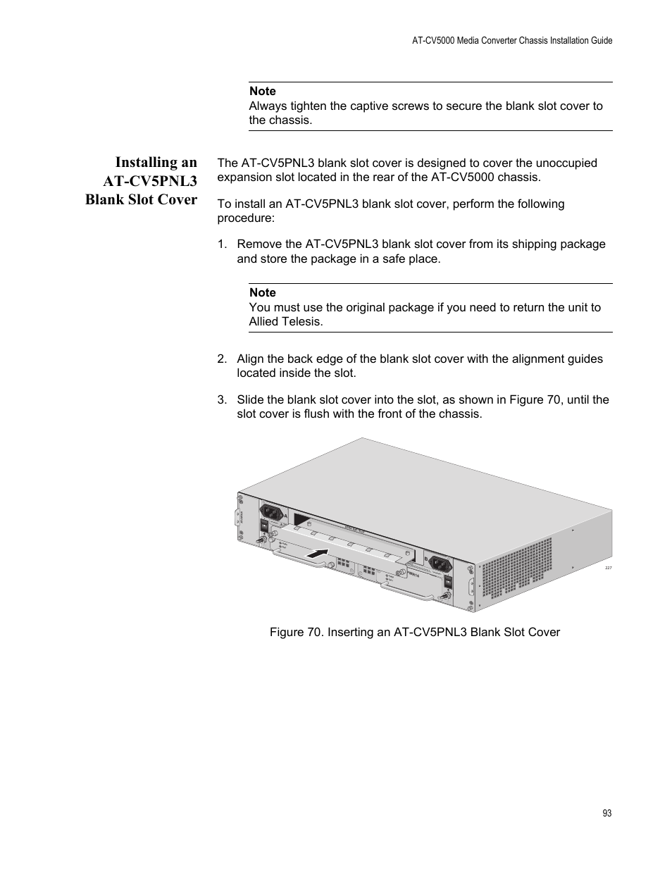 Installing an at-cv5pnl3 blank slot cover | Allied Telesis AT-CV5000 User Manual | Page 93 / 114