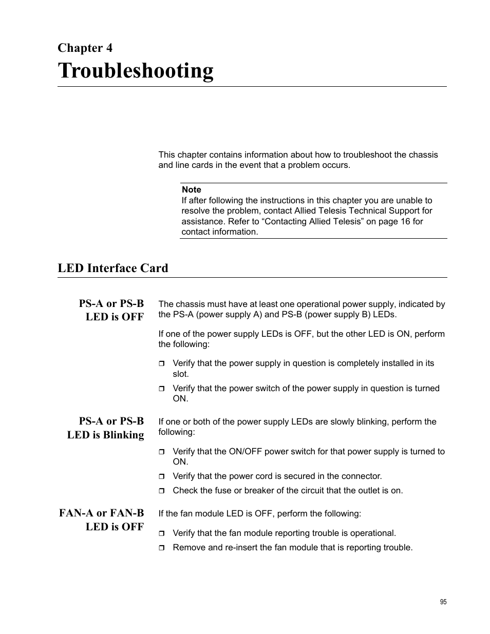 Chapter 4, Troubleshooting, Led interface card | Ps-a or ps-b led is off, Ps-a or ps-b led is blinking, Fan-a or fan-b led is off, R 4: troubleshooting | Allied Telesis AT-CV5000 User Manual | Page 95 / 114