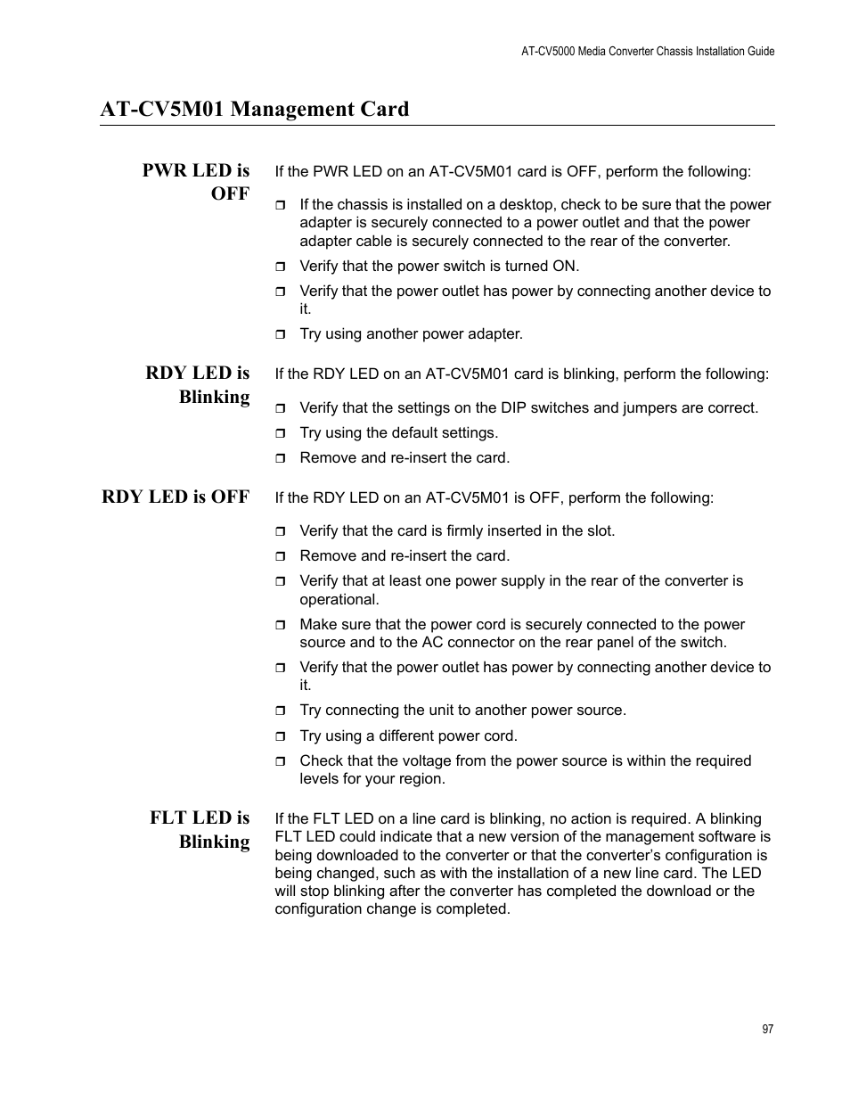 At-cv5m01 management card, Pwr led is off, Rdy led is blinking | Rdy led is off, Flt led is blinking | Allied Telesis AT-CV5000 User Manual | Page 97 / 114