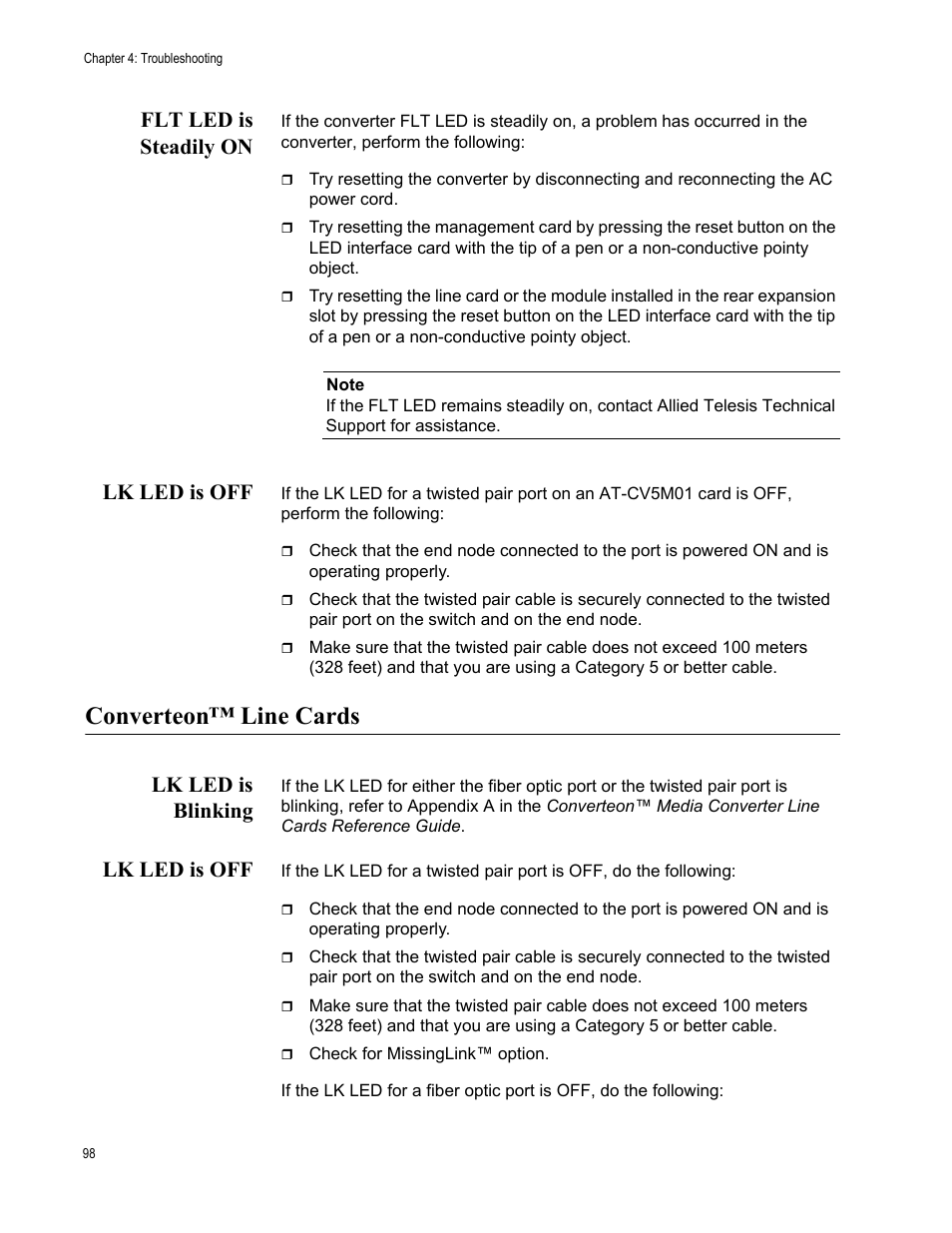Flt led is steadily on, Lk led is off, Converteon™ line cards | Lk led is blinking, Flt led is steadily on lk led is off, Lk led is blinking lk led is off | Allied Telesis AT-CV5000 User Manual | Page 98 / 114