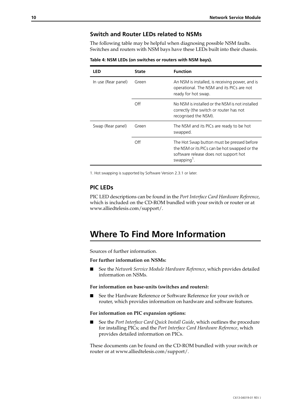 Where to find more information, Switch and router leds related to nsms, Pic leds | Allied Telesis Network Service Module AR040-48 User Manual | Page 10 / 10