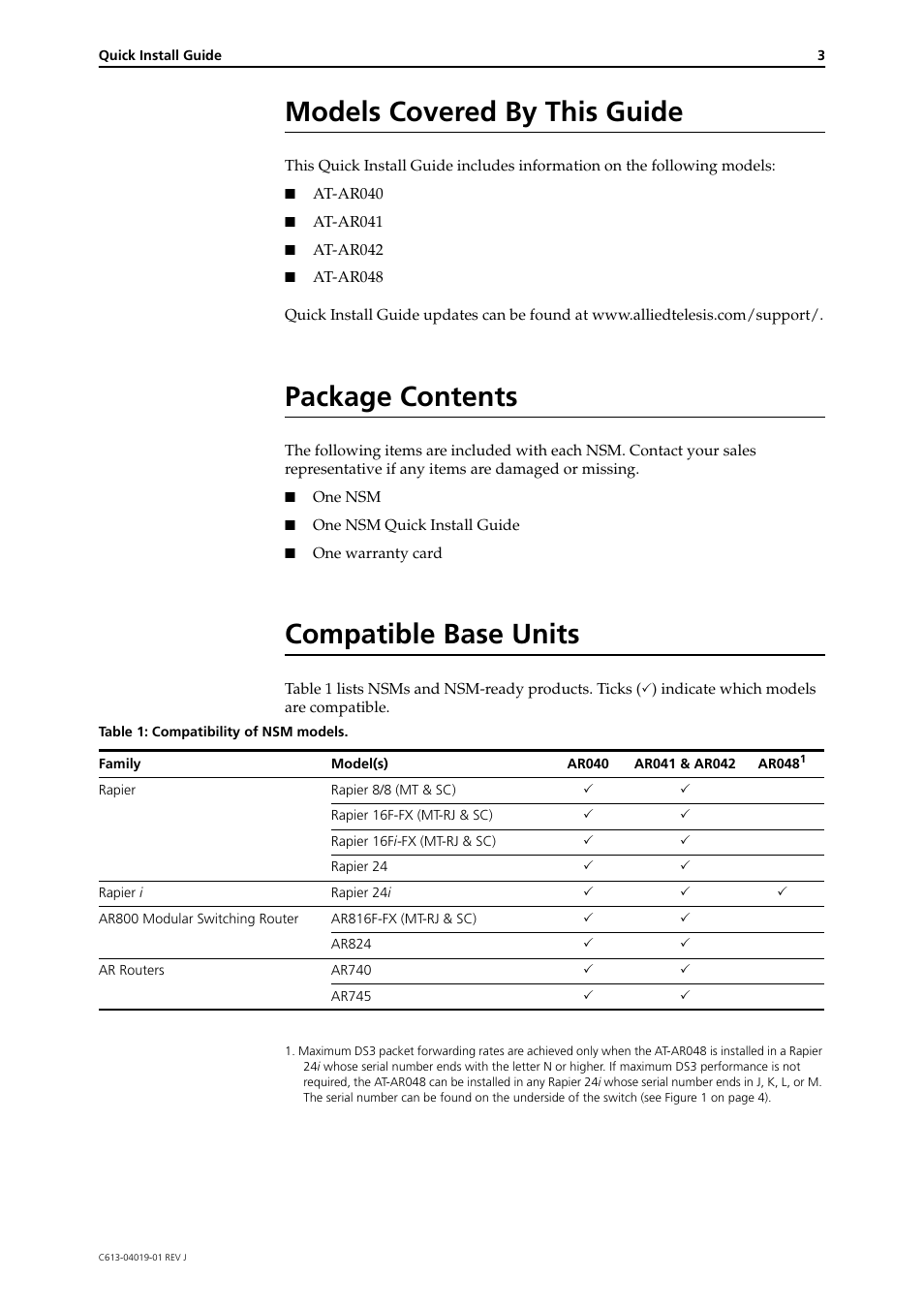 Models covered by this guide, Package contents, Compatible base units | Allied Telesis Network Service Module AR040-48 User Manual | Page 3 / 10