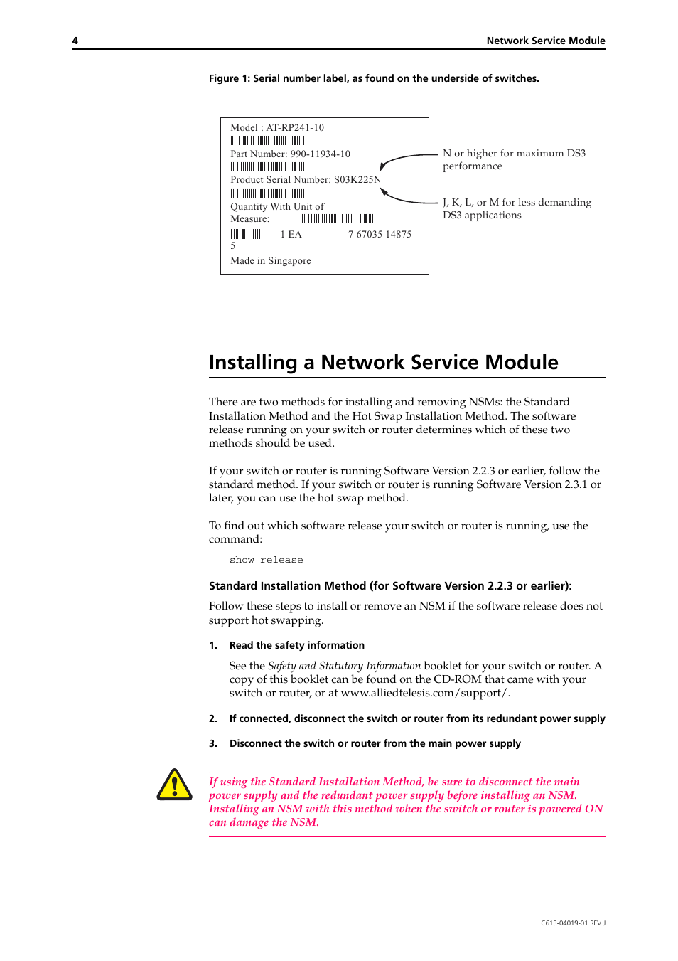 Installing a network service module | Allied Telesis Network Service Module AR040-48 User Manual | Page 4 / 10