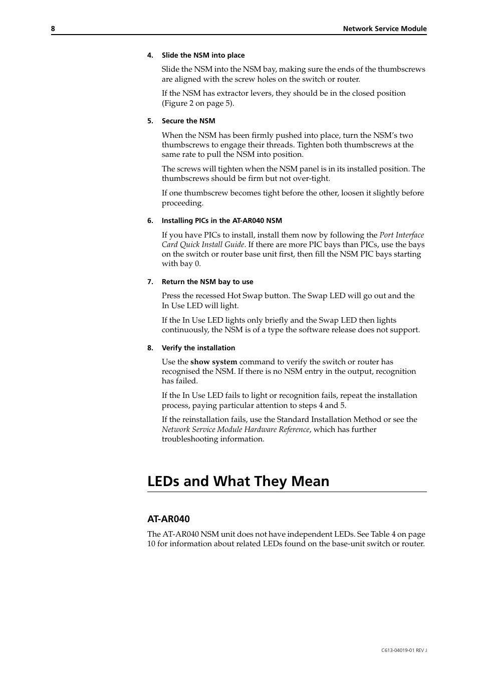 Leds and what they mean, At-ar040 | Allied Telesis Network Service Module AR040-48 User Manual | Page 8 / 10
