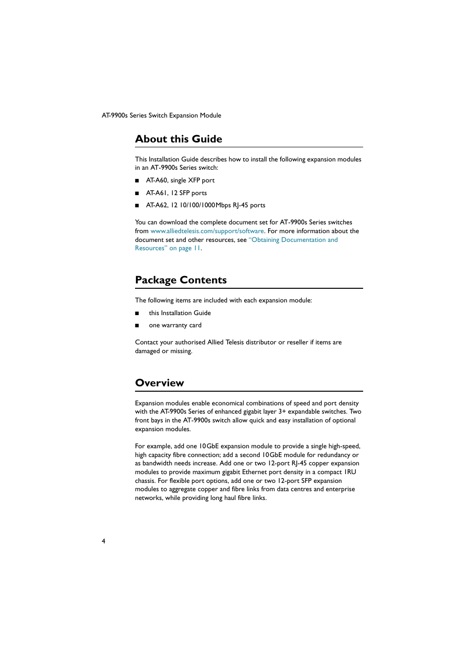 About this guide, Package contents, Overview | Allied Telesis AT-9900s Series Switch User Manual | Page 5 / 13