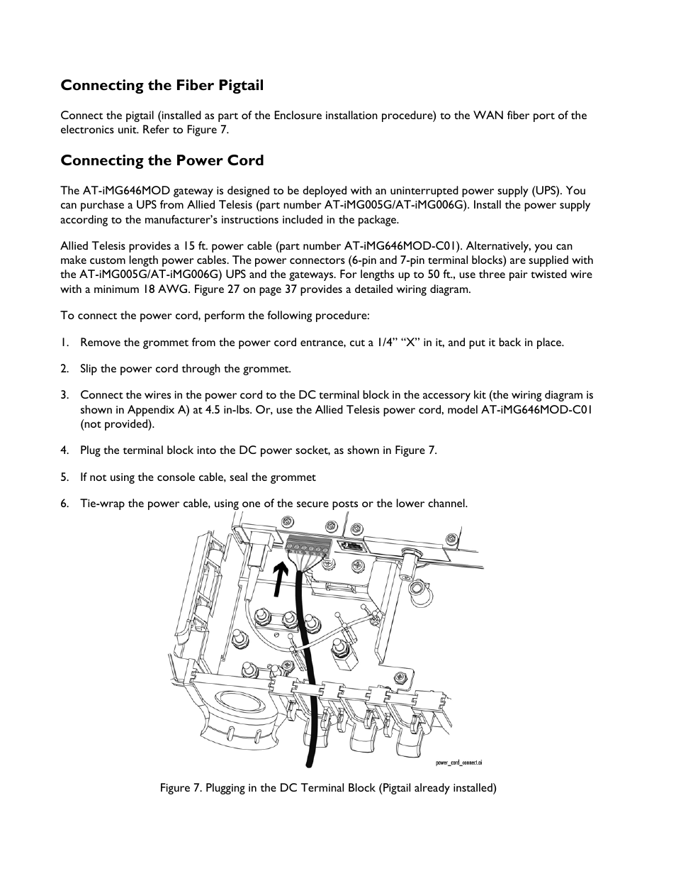 Connecting the fiber pigtail, Connecting the power cord | Allied Telesis AT-iMG6x6MOD Electronics Unit User Manual | Page 14 / 46