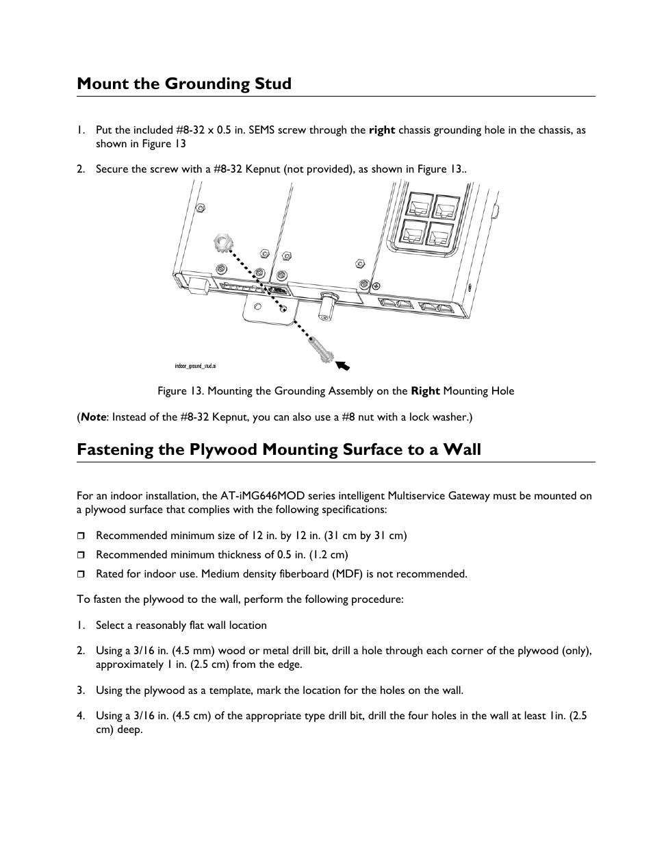 Mount the grounding stud, Fastening the plywood mounting surface to a wall | Allied Telesis AT-iMG6x6MOD Electronics Unit User Manual | Page 21 / 46