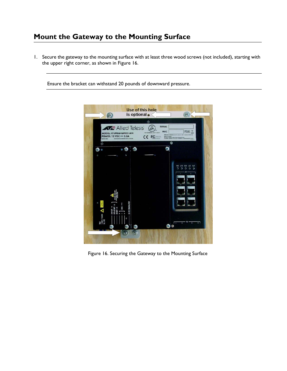 Mount the gateway to the mounting surface | Allied Telesis AT-iMG6x6MOD Electronics Unit User Manual | Page 23 / 46