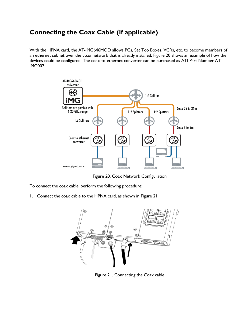 Connecting the coax cable (if applicable) | Allied Telesis AT-iMG6x6MOD Electronics Unit User Manual | Page 27 / 46