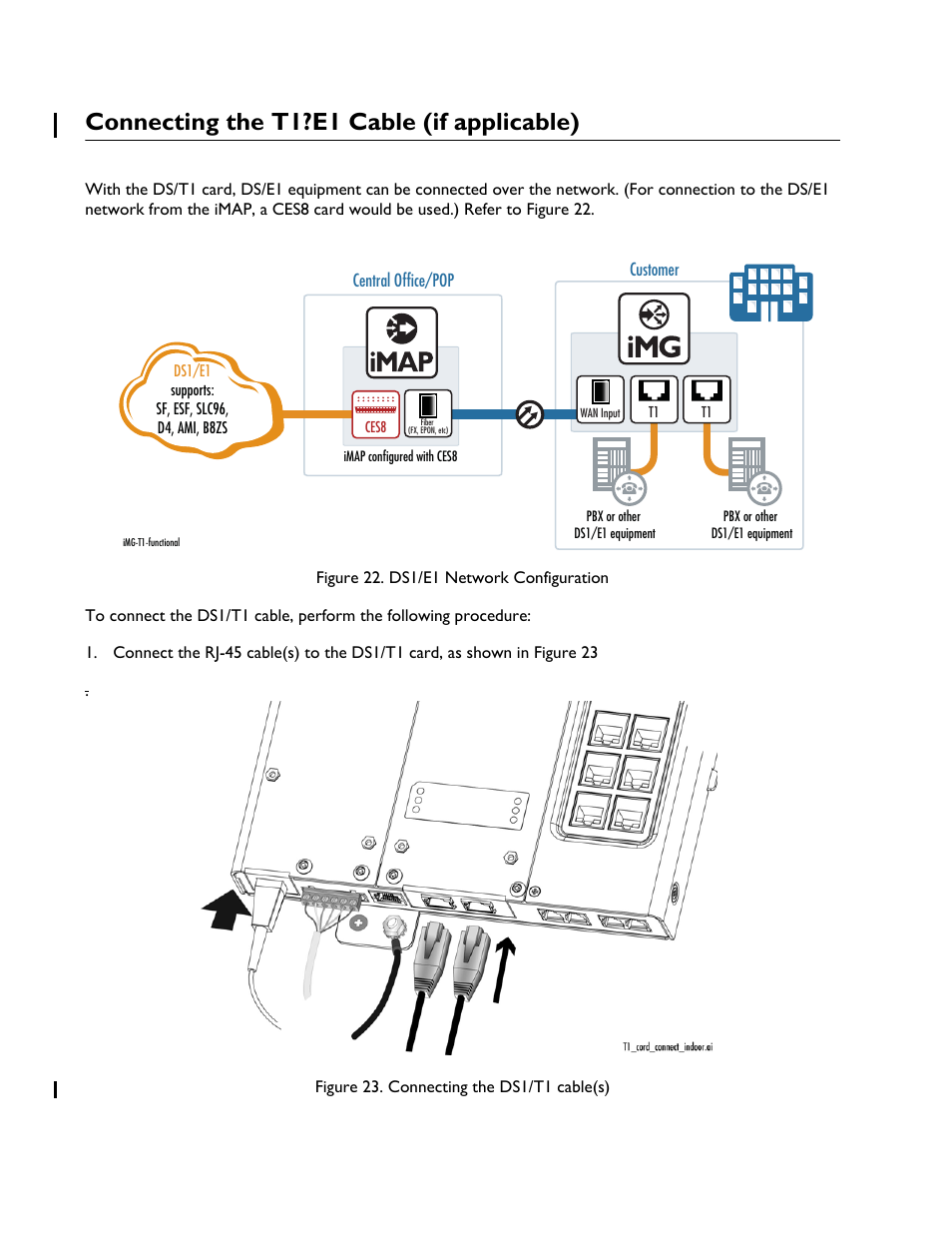 Connecting the t1?e1 cable (if applicable), Connecting the t1 cable (if applicable) | Allied Telesis AT-iMG6x6MOD Electronics Unit User Manual | Page 28 / 46