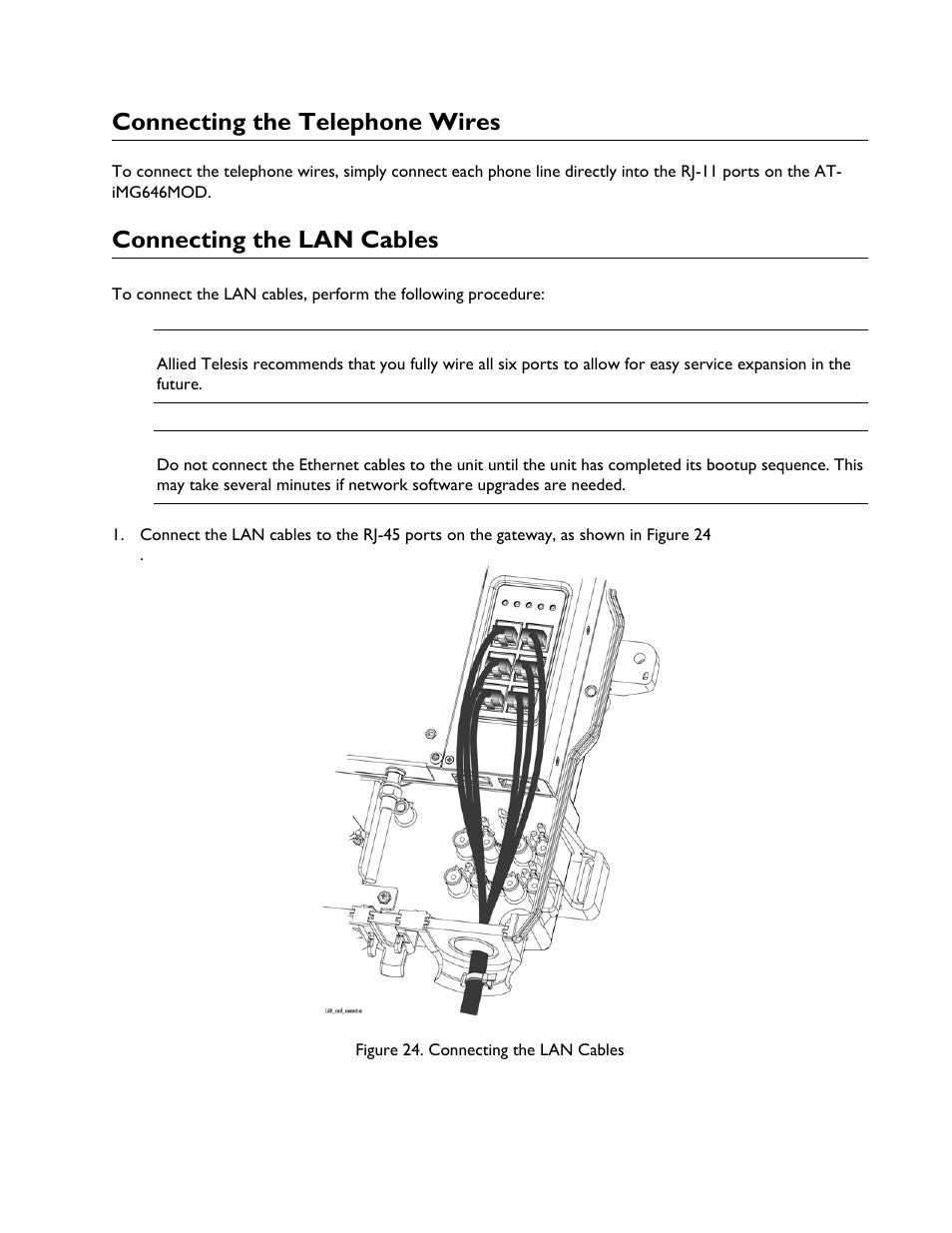 Connecting the telephone wires, Connecting the lan cables | Allied Telesis AT-iMG6x6MOD Electronics Unit User Manual | Page 29 / 46